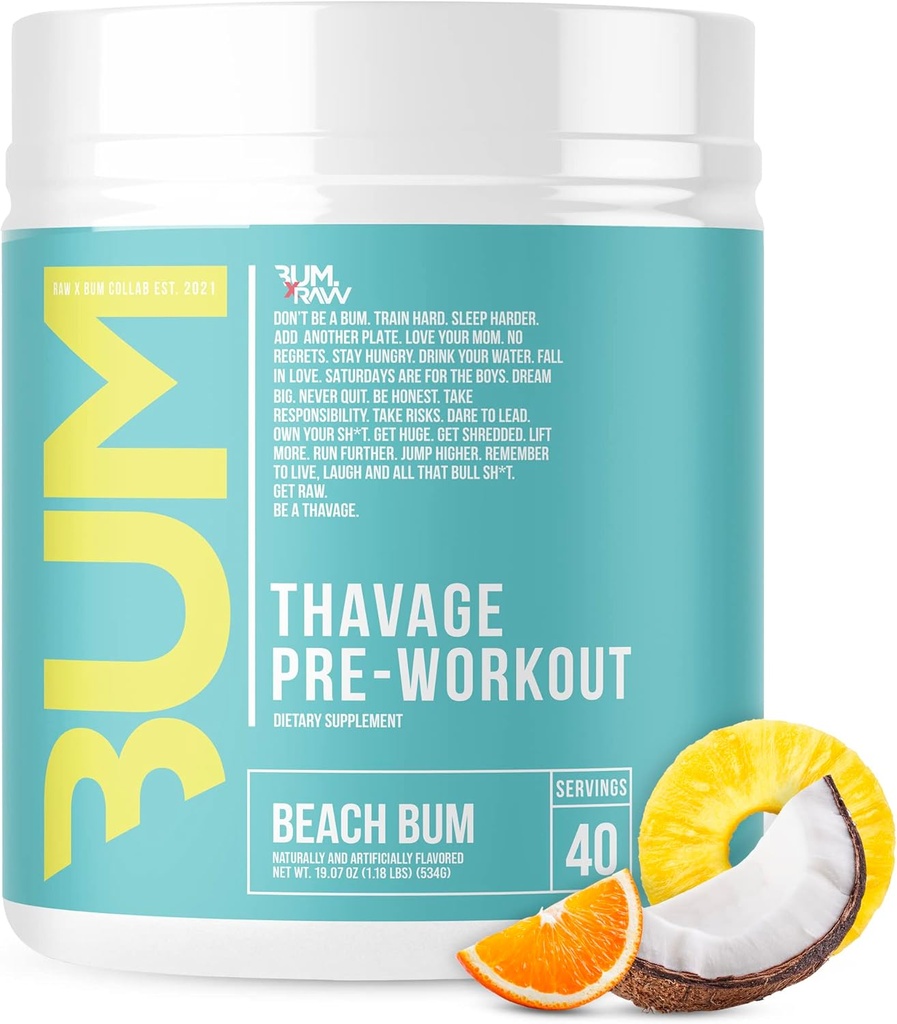 RAW Προ προπόνησης σκόνη, Thavage (Beach Bum) - Chris Bumstead Sports συμπλήρωμα διατροφής για άνδρες & γυναίκες - Cbum προ προπόνηση για την προπόνηση, ενυδάτωση, ψυχική εστίαση & ενέργεια - 40 υπηρεσίες