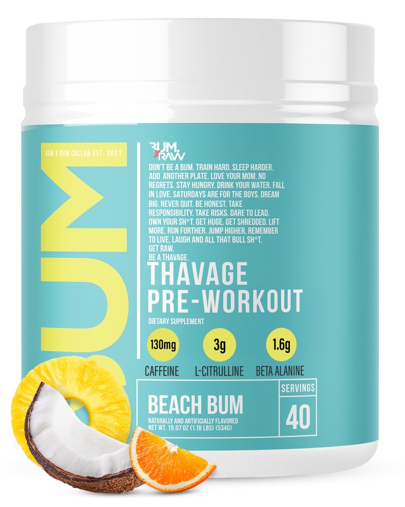 RAW Pre Workout Toz, Thavage (Beach Bum) - Chris Bumstead Sports Nutrition Supplement for Men & Women - Cbum Pre Workout for Working Out, Hydration, mental Focus & Energy - 40 Hizmetler