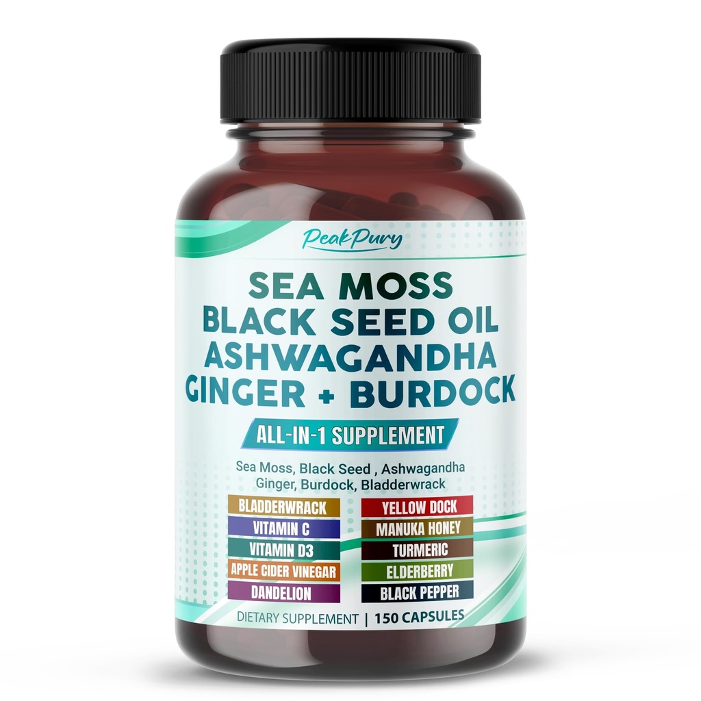 Sea Moss Black Seed Oil Ashwagandha Ginger Burdock Bladderwrack - Υποστήριξη Ανοσίας - Κατασκευάζεται στις ΗΠΑ