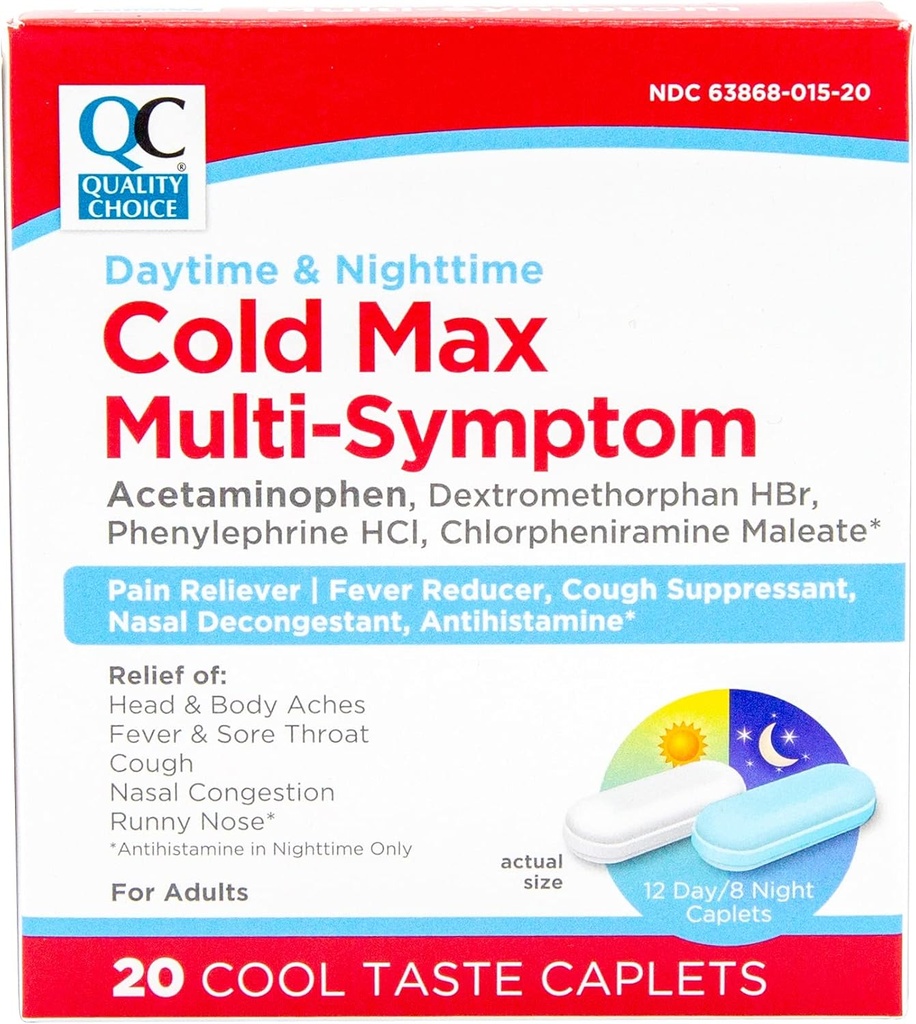 Quality Choice Day & Night Cold Max Multi-Symptom, Cold & Flu Medicine, Pain Reliever, Ateş Tespiti, Cough Suppressant, Nasal Decongestant, 24 Saat Relief Cool Taste Caplets