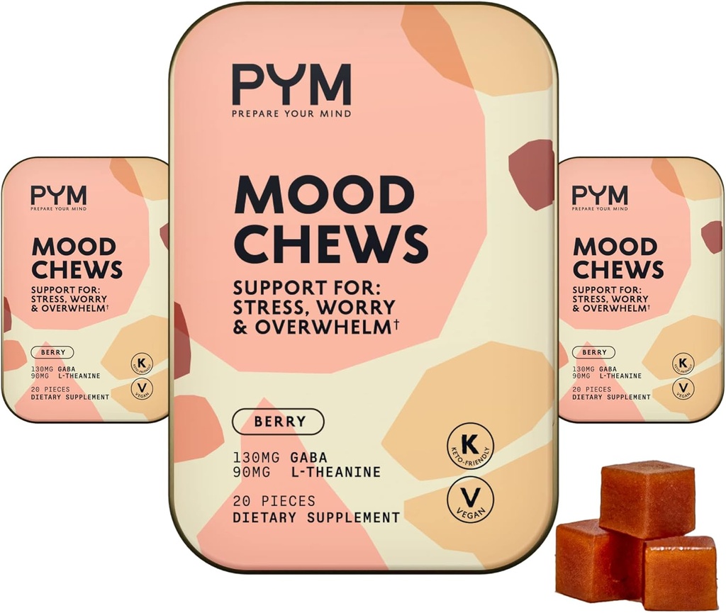 PYM Berry Mood Chews Stres, Endişe ve Overwhelm için Destek, 60 Kont | 130 mg GABA, 90 mg L-Theanine | Vegan, Non-GMO, Gluten-Free, Hayır Eklenmedi | Tüm Doğal Mood Balance Supplement ABD'de Yapıldı