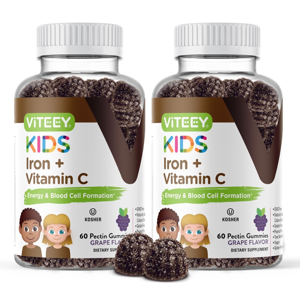 VITEEY Demir C vitamini olan Çocuklar için - Enerji, Kan Hücre Formülasyonu, Kan Builder Anemi Kids Iron Supplements - Vegan, Gelatin Free, Gluten Free - Tasty Chewable Grape Flavored Gummy