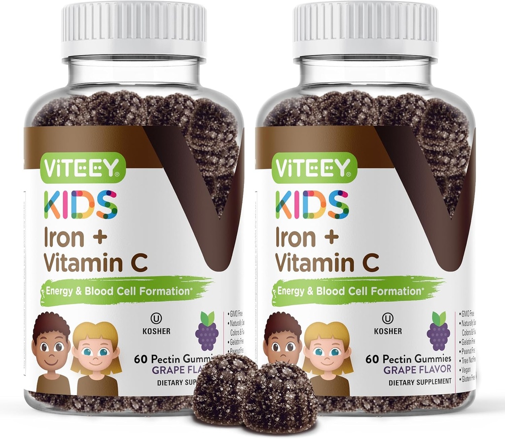 VITEEY Iron for Kids with Vitamin C - Supports Energy, Blood Cell Formulation, Blood Builder Anemia Kids Iron Supplements - Vegan, Gelatin Free, Gluten Free - Tasty Chewable Grape Flavored Gummy