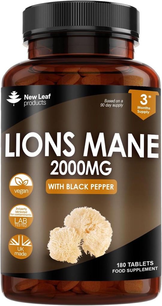 New Leaf Products Lions Mane Mushroom Extract Supplement 2000 mg - 180 High Strength Vegan Tabletleri Black Pepper ile - (Not Toz veya Capsules) Made in the UK
