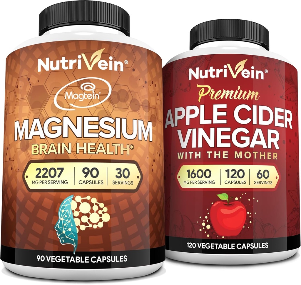 Nutrivein Premium Apple Cider Vinegar Capsules & Magnesium L-Threonate Bundle: High-Absorption Magnesium Threonate Supplement and Apple Cider Vinegar Supplements for Brain, Gut, & Overall Well-Being