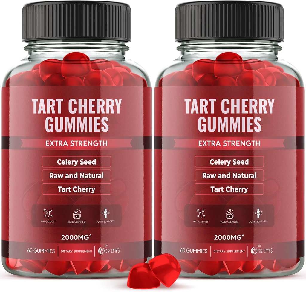 Dr. Emy's Tart Cherry Extract 2,000mg* Gummy Supplement + Celery Seed Extract 400 mg*, Raw & Natural - Non-GMO - Gluten ve Gelatin Free Vegan, Ortak Konfor Uric Acid Cleanse