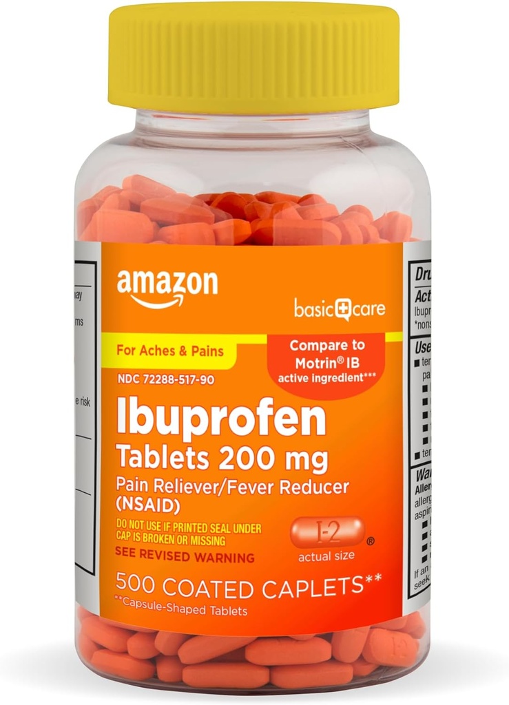 Temel Bakım Ibuprofen Tabletleri, 200 mg, Ağrı Reliever/Fever Solution, 500 Count