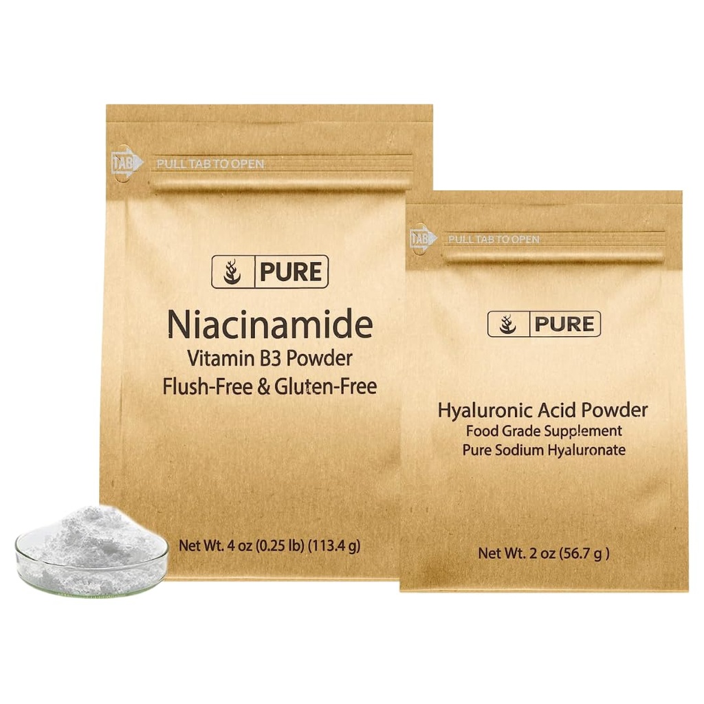 PURE ORIGINAL INGREDIENTS Hyaluronic Acid and Niacinamide Bundle, Various Sizes, Flush-Free, Fine Powders