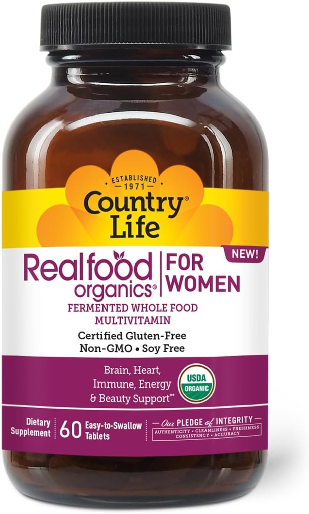Country Life Realfood Organics Women's Multivitamin - USDA Organik, Vegan, Gluten-Free – 1,300 mg Tüm Gıdalar, Vitaminler D, E, B, Folate & Biotin - Daily Energy & Beauty - 60 Tabletler