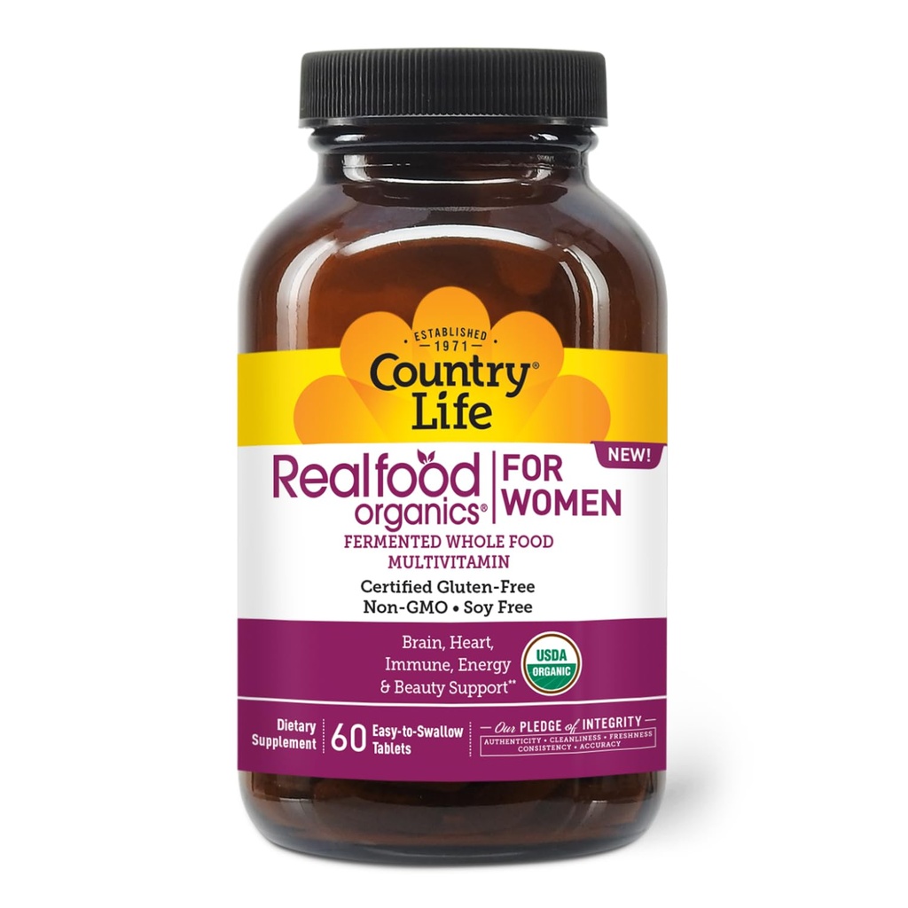 Country Life Realfood Organics Women's Multivitamin - USDA Organik, Vegan, Gluten-Free – 1,300 mg Tüm Gıdalar, Vitaminler D, E, B, Folate & Biotin - Daily Energy & Beauty - 60 Tabletler