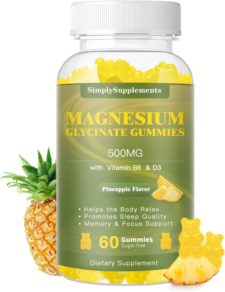 Magnezyum Glycinate Gummies 500 mg, Chewable Magnezyum Supplement with Vitamin D3, B6, CoQ10, for Relaxation, Sleep & Mood Support, Calm Magnezyum Gummy - 60 Pineapple Gummies