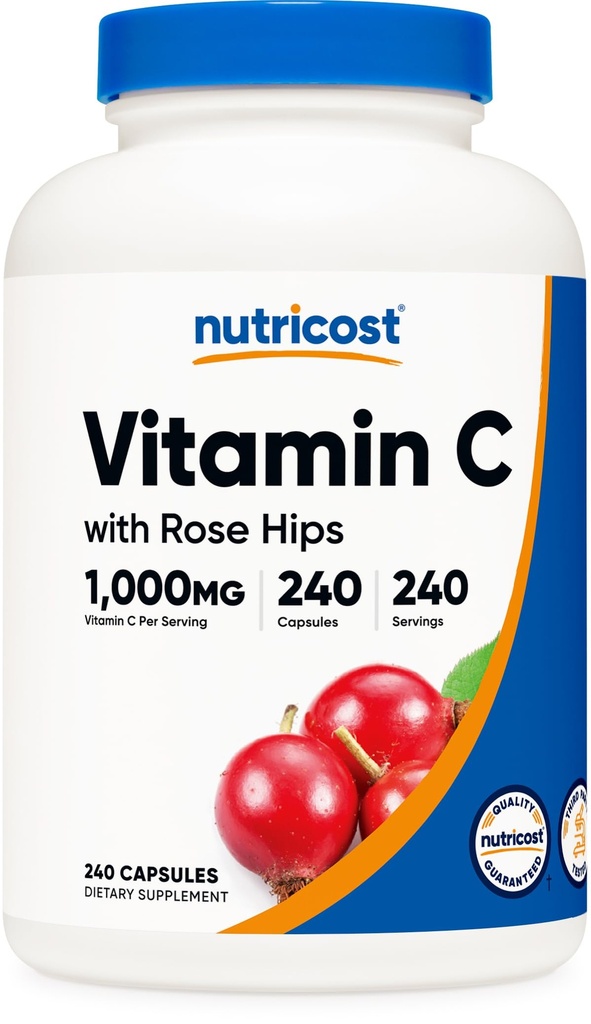Gül HIPS 1025 mg ile Nutricost Vitamin C, 240 Capsules - C 1000 mg, Rose HIPS 25 mg, Premium, Non-GMO, Gluten Free Supplement