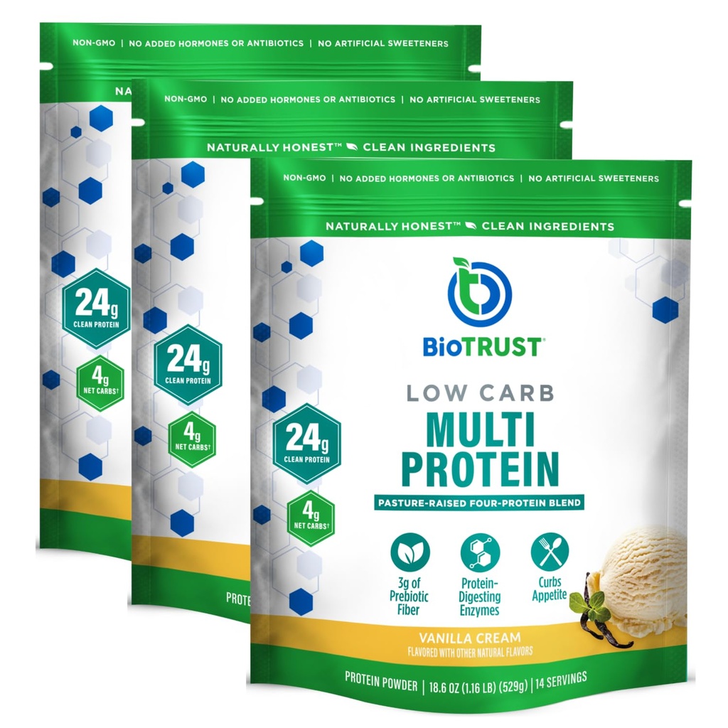 BioTrust Low Carb Protein Tozu – Doğal ve Lezzetli Whey & Casein Blend from Grass-Fed Hormon Free Cows – Non GMO, Soy Free, Gluten Free, Hormon Free (Vanilla, 3-Pack)