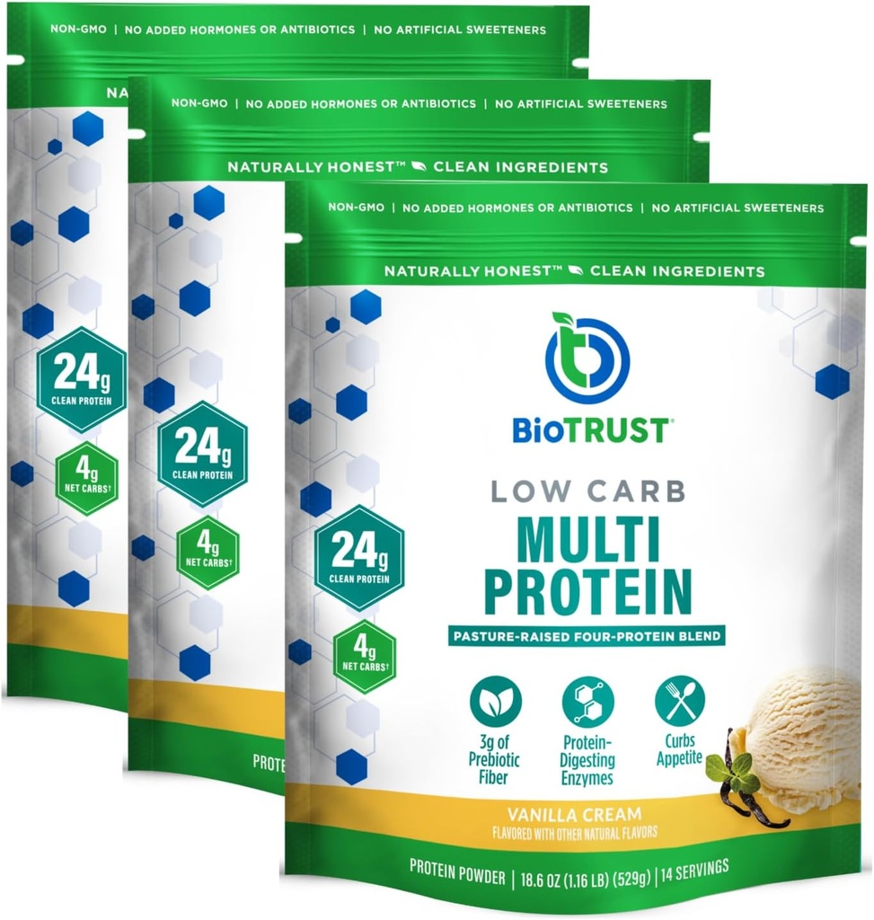 BioTrust Low Carb Protein Tozu – Doğal ve Lezzetli Whey & Casein Blend from Grass-Fed Hormon Free Cows – Non GMO, Soy Free, Gluten Free, Hormon Free (Vanilla, 3-Pack)