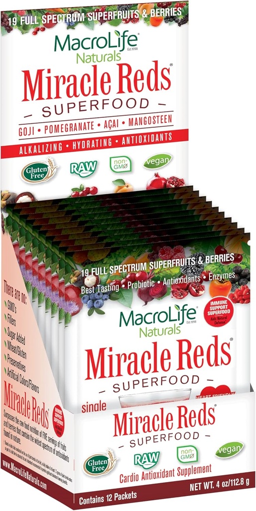 MacroLife Naturals Miracle Reds Superfood Supplement Σκόνη Αντιοξειδωτικά Ένζυμα Πολυφαινολών Προβιοτικά - Ακατέργαστα μη ΓΤΟ Βιολογική Γλουτένη Vegan & Γαλακτοκομικά Χωρίς (12 Πακέτα)