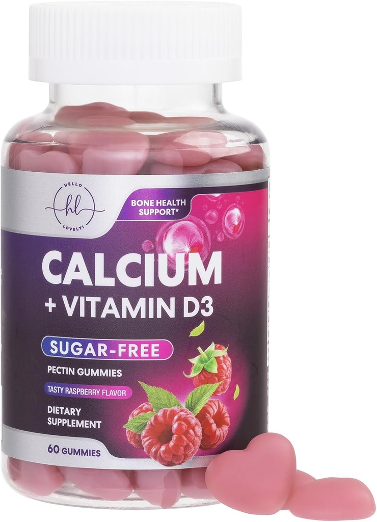 Calcium Supplements for Women - Sugar Free Calcium Gummies with Vitamin D3 for Bone Strength, Teeth & Immune Health Support, Natural Chews for Women & Men - Raspberry Flavored & Non-GMO - 60 Gummies