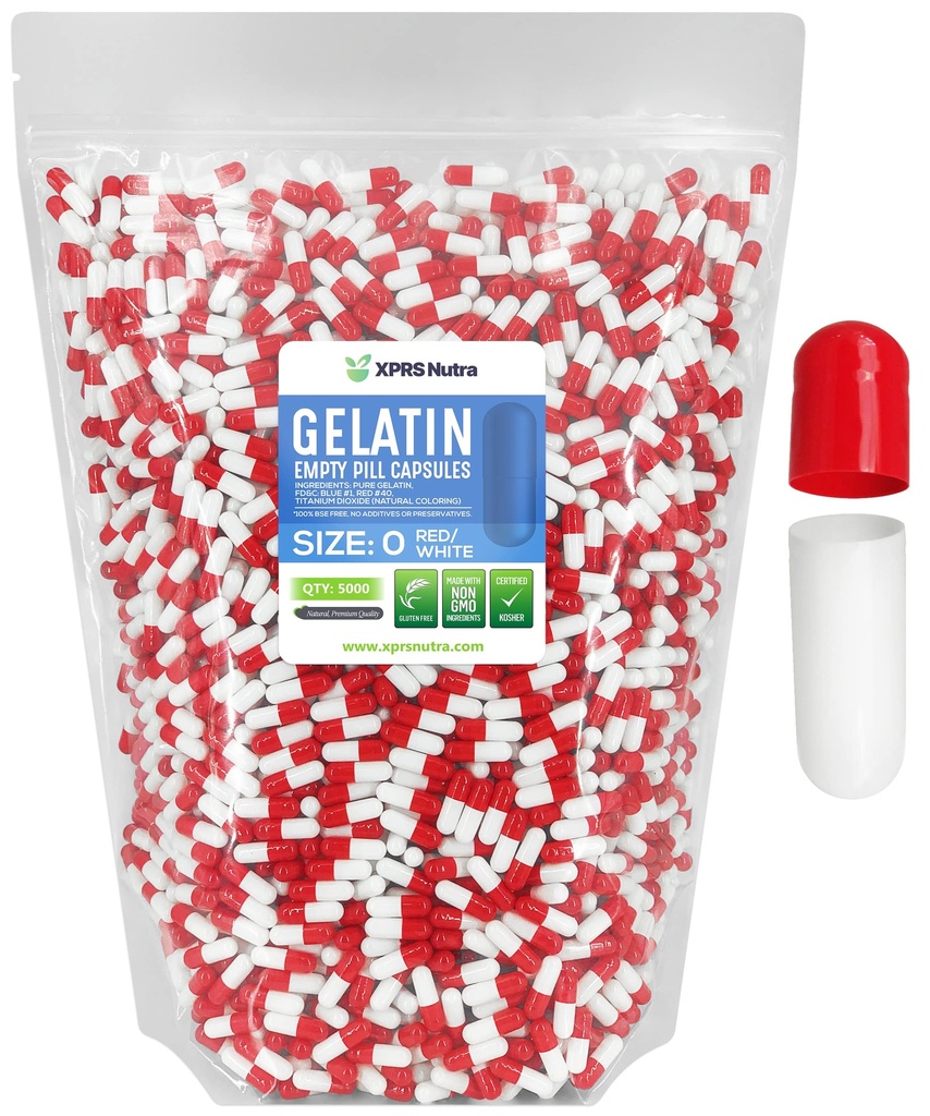 XPRS Nutra Μέγεθος 0 Κενές κάψουλες - 5000 Count Empty Gelatin Κάψουλες - Χάπια DIY Καψάκιο Γέμισμα - Αγνά καπάκια τζελ για τα χάπια Bovine για το Do-It-Yourself Συμπληρώματα (Red/White)