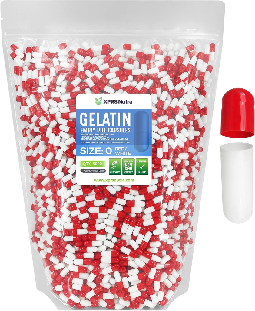 XPRS Nutra Boyutu 0 Boş Kapsüller - 5000 Kont Boş Gelatin Capsules - Pills DIY Capsule - Pure Bovine Pill Gel Caps For Do-It- Yourself Supplements (Red/White)