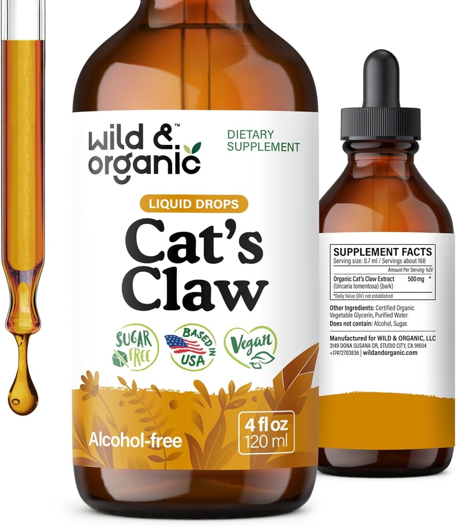 Wild & Organic Cats Claw Tincture - Immune Support Supplement - Cats Claw Herb Liquid Extract - Vegan, Sugar & Alkol-Free Bark Based Drops - 4 fl oz