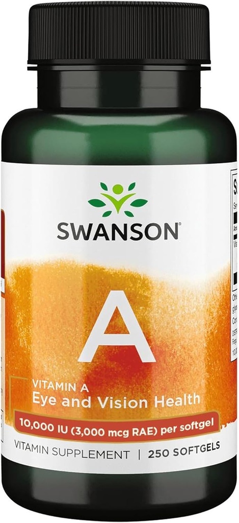 Swanson Vitamin A 10. 000 IU (3.000 mcg Rae) Φυσικό Νούρισμα για την υγεία των οστών, του δέρματος, την υποστήριξη όρασης και τη λειτουργία του ανοσοποιητικού συστήματος - Υψηλή απορρόφηση Βιταμίνη A 250 Softgels