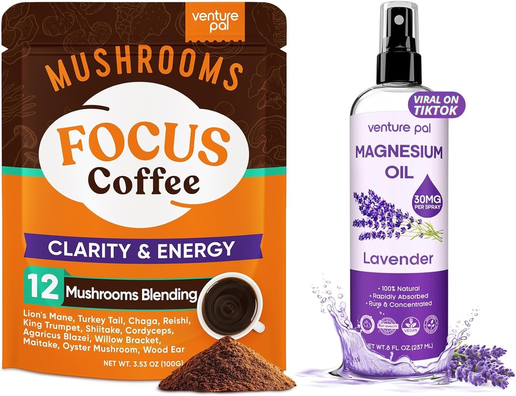 Venture Pal Mushroom Coffee & Oil Mix: 12 in 1 Coffee with Ashwagandha for Focus & Immunity + Magnezyum Oil Mix with Lavender for Sleep & Muscle Relief - 40 Hizmet & 8 ozzz