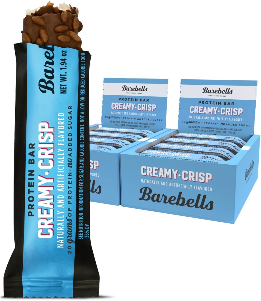 BAREBELLS Protein Bars Creamy Crisp - 12 Kont, 2 Paket - Protein Snacks with 20g of High protein - Protein Çikolata Bar with 1g of Total Sugars - Perfect on The Go Protein Snack & Kahvaltı Bars