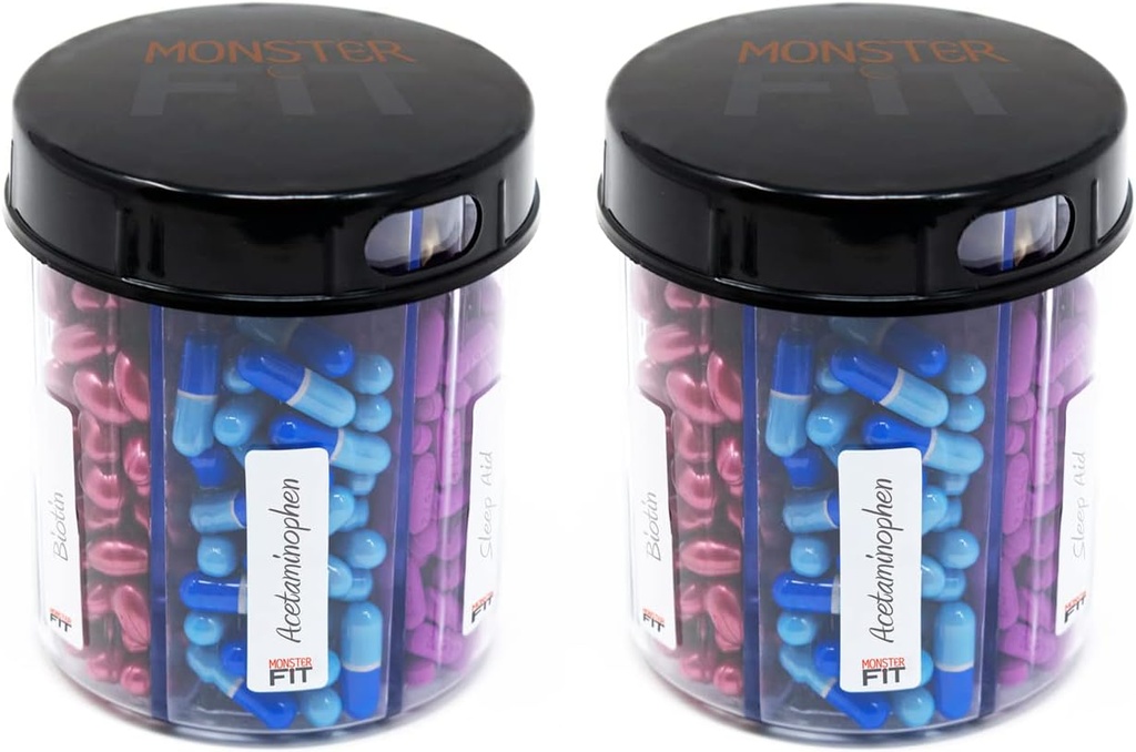 Monster Jr συμπλήρωμα χάπια με ετικέτες - Holds Μικρή Medium Φάρμακα Βιταμίνες και εύκολα Dispense από ένα εμπορευματοκιβώτιο περιλαμβάνει ετικέτες διαμέρισμα (Monster Jr - 2 Pack)