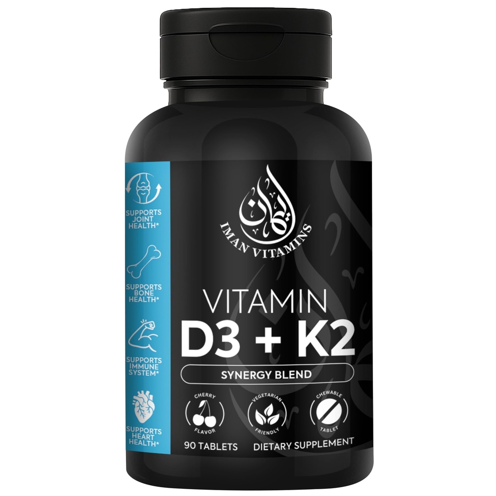 Halal Vitamin D3 ile K2 Chewable Tabletler - D 2000 iu + Menaquinone-7 (MK7) | Kalp Sağlığı, Bones ve Kass Sağlık | Erkekler ve Kadınlar için 90 Kont