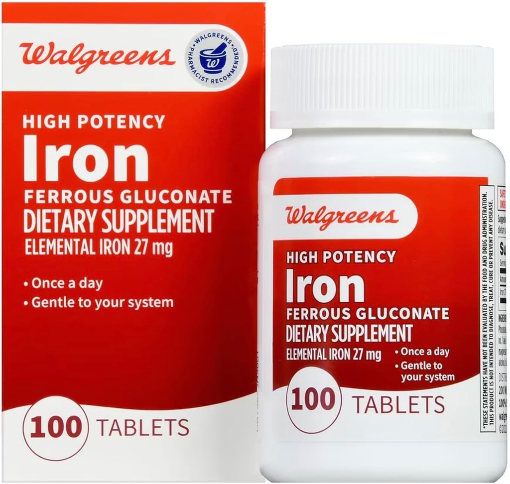 Walgreens High Potency Iron Ferrous Gluconate 27 mg, Tabletler, 100 ea