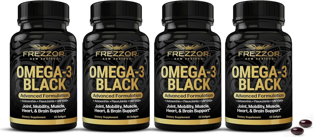FREZZOR Omega 3 Black - En Yüksek Kuvvetli Yeşil Lipped Mussel Oil Capsules, Yeni Zelanda'da Made, UAF1000+, Inflammation, Joint Care & Relief, Heart & Immune Support, 60 Count (Pazarlama)