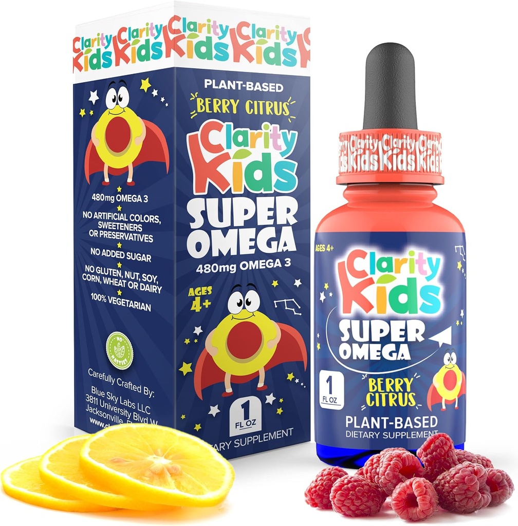 Clarity Kids Super Omega DHA + Omega 3 for Better Focus & Quality Sleep Algae Oil Omega 3 Liquid (1 mL per Service) Tüm Doğal DHA Drops for Children USA Made Supplement (1 fl oz)