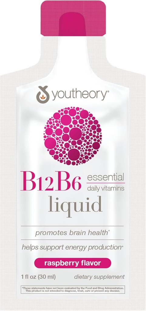 Youtheory Vitamin B12 B6, Καθημερινή ενέργεια και συμπλήρωμα υποστήριξης εγκεφάλου, Υγρή γεύση βατόμουρο, 12 – 1 ουγκιά ενιαία πακέτα υπηρεσιών