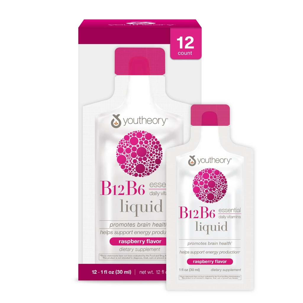 Youtheory Vitamin B12 B6, Daily Energy ve Brain Support Supplement, Liquid Raspberry Flavor, 12 – 1oz Single Packets