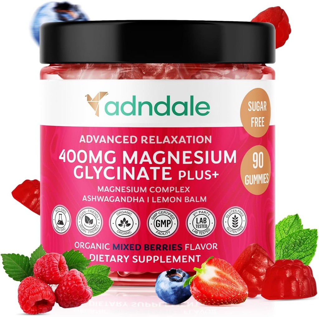 Adndale 90 CT Magnesium Glycinate Gummies 400 mg/Serv with Ashwagandha, Magnesium Malate & Taurate, Sugar Free Chews for Adults & Kids.