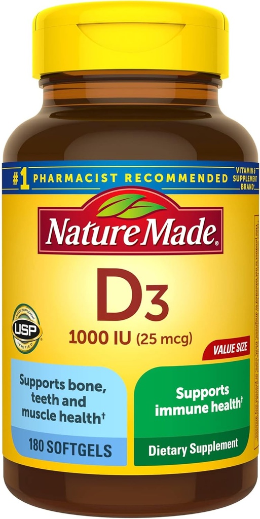 Nature Made Vitamin D3 1000 IU (25 mcg), Vitamin D συμπλήρωμα για τα οστά, δόντια, μυών και ανοσοποιητική υποστήριξη υγείας, 180 Softgels, 180 ημέρα προσφοράς