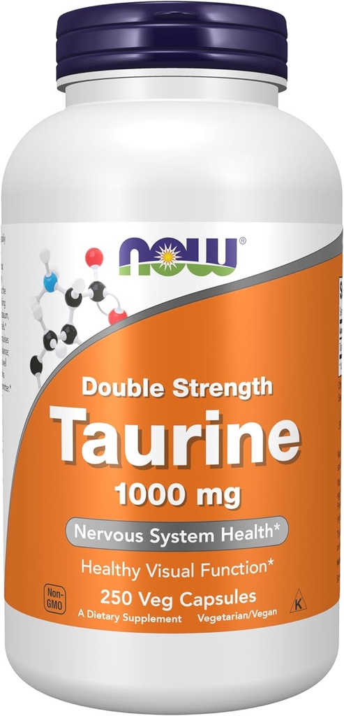 NOW Συμπληρώματα Τροφίμων, Ταυρίνη 1.000 mg, Διπλή Δύναμη, Υγεία του Νευρικού Συστήματος *, 250 Κάψουλες Veg