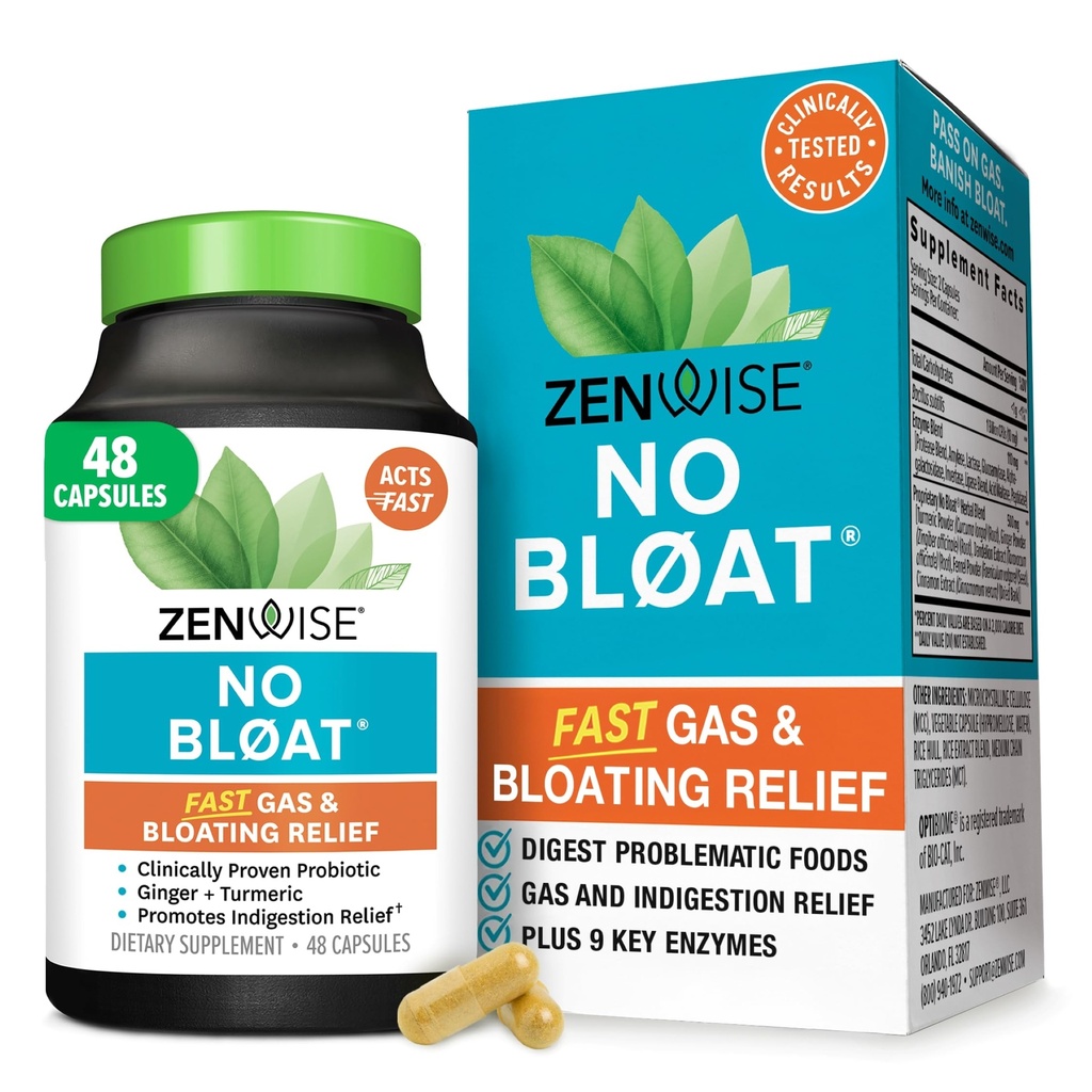 Zenwise Health No Bloat Digestive Enzymes for Gut Health, Gas & Bloating Relief - Multi Enzymes Digestion Supplement with Probiotics, Ginger, Turmeric Dandelion & Lactase - Άνδρες & Γυναίκες - 48 Count