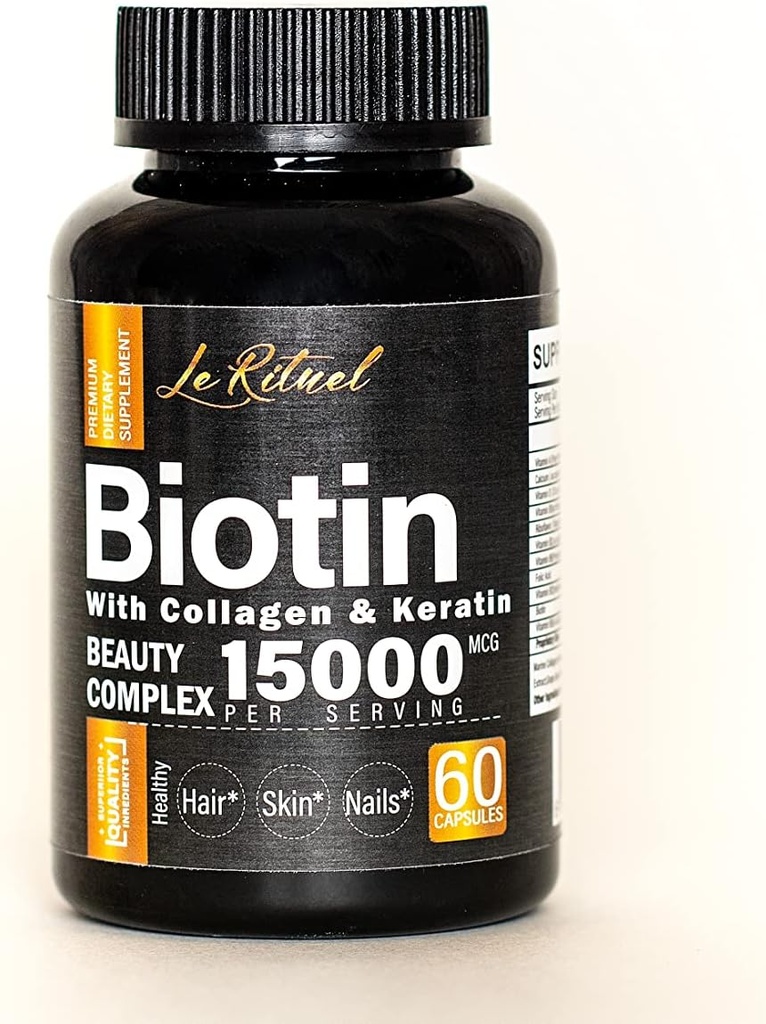 Collagen & Keratin ile Biotin Vitaminleri - Kadınlar ve Erkekler için Saç Büyüme Tamamı - 15000 mcg Pills - A,D,B1,B2,B3,B5,B6,B12 Kont Kompleksi - Sağlıklı Vegan Capsules - 60000