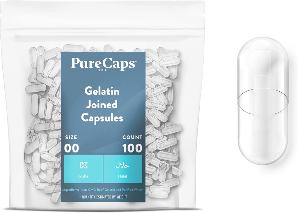 PureCaps USA - Empty Gelatin Capsules Size 00| 100 Joined Pills| Clear| Non-GMO Certified| SLS, Gluten, Preservative Free