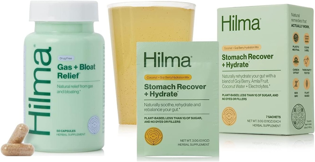 Hilma Natural Gas & Bloating Relief and Stomach Recover + Hydrate - Organik Elektrolyte Toz Prebiyotiks ve Gastroprotective Herbs Sche