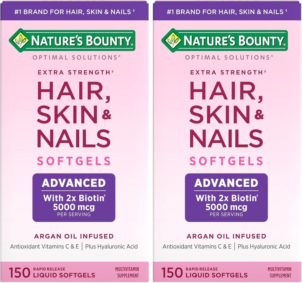 Nature's Bounty Advanced Hair, Skin & Nails, Argan-Infüzyon Vitamin Supplement with Biotin and Hyaluronic Acid, 150 Hızlı Yayın Softgels (Pack of 2)