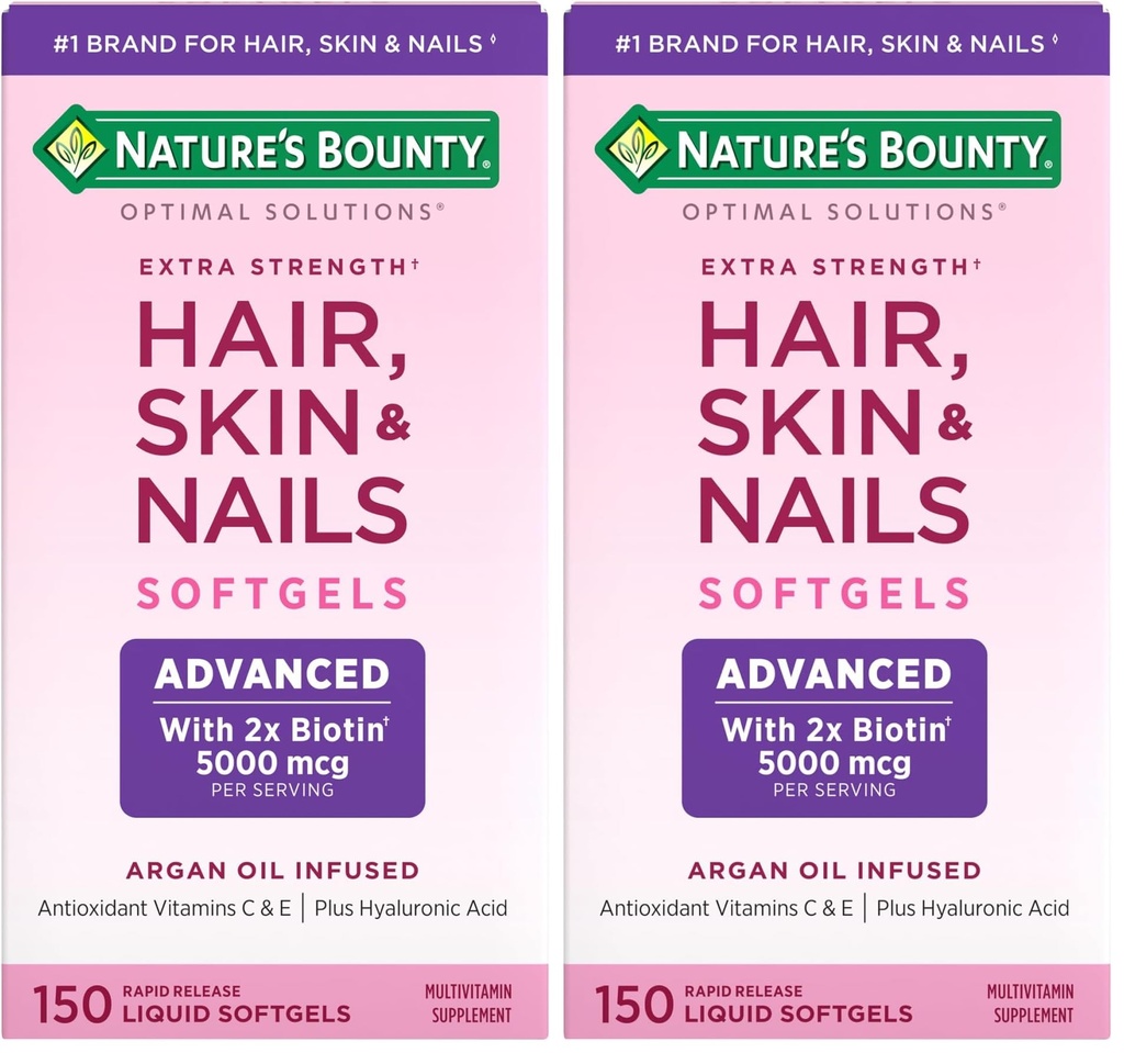 Nature's Bounty Advanced Hair, Skin & Nails, Argan-Infüzyon Vitamin Supplement with Biotin and Hyaluronic Acid, 150 Hızlı Yayın Softgels (Pack of 2)
