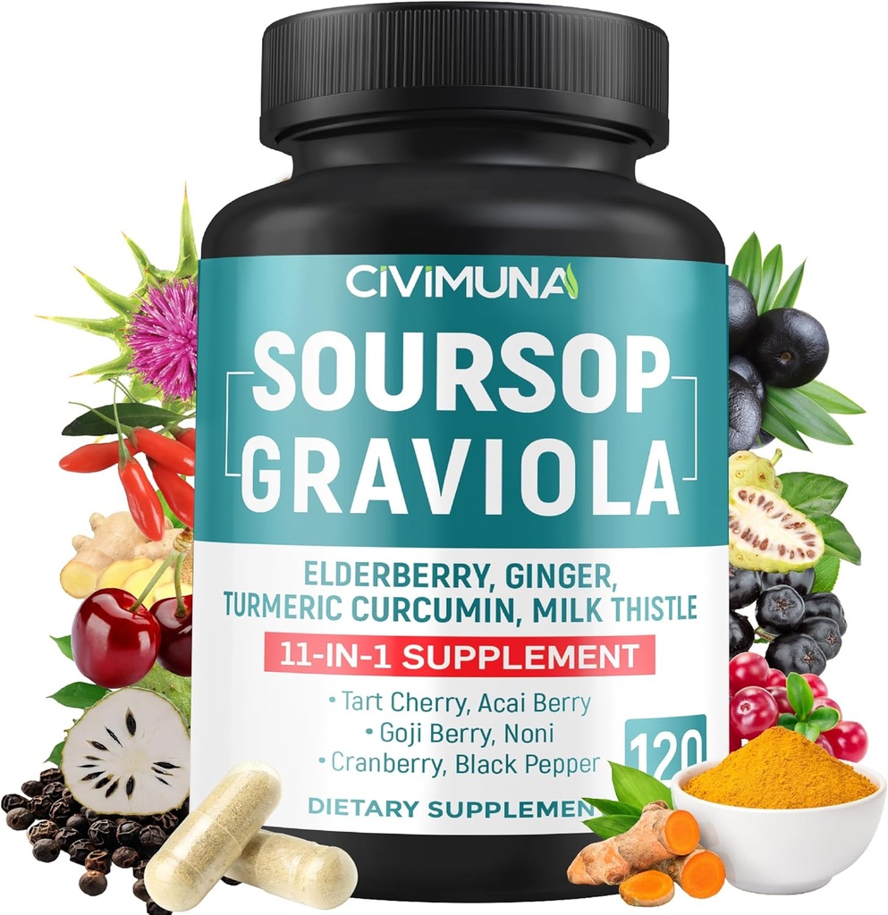 Κάψουλες Soursop Graviola με Learderberry, Turmeric, Ginger, Milk Thittle, Tart Cherry και More - 120 κάψουλες για 4 Μήνες Προμήθεια