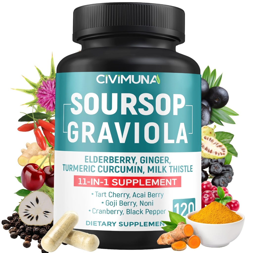 Κάψουλες Soursop Graviola με Learderberry, Turmeric, Ginger, Milk Thittle, Tart Cherry και More - 120 κάψουλες για 4 Μήνες Προμήθεια