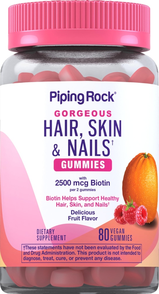 Piping Rock Hair Skin ve Nails Vitaminleri | 80 Gummies | 2500 mcg of Biotin | Womens Multivitamin | C and E | Fruit Flavor | Non-GMO, Gluten Free Supplement