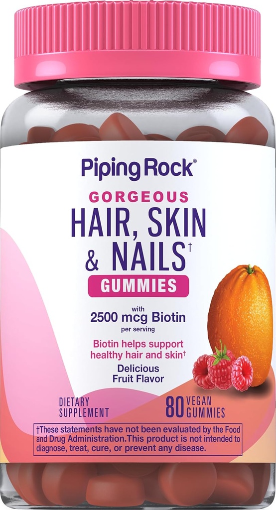 Piping Rock Hair Skin ve Nails Vitaminleri | 80 Gummies | 2500 mcg of Biotin | Womens Multivitamin | C and E | Fruit Flavor | Non-GMO, Gluten Free Supplement
