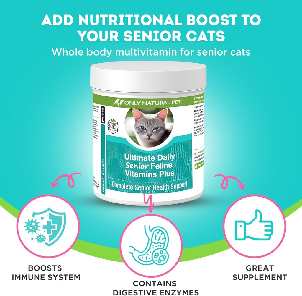 ΜΟΝΟ ΦΥΣΙΚΟ PET Ultimate Daily Senior Feline Multivitamin w/Taurine & L-Lysine – Διατροφικό συμπλήρωμα σε σκόνη για ενήλικες & ηλικιωμένους γάτες – Ανοσοποιητική & Κοινή Υποστήριξη – Πλήρης φόρμουλα βιταμίνης, 3.2oz