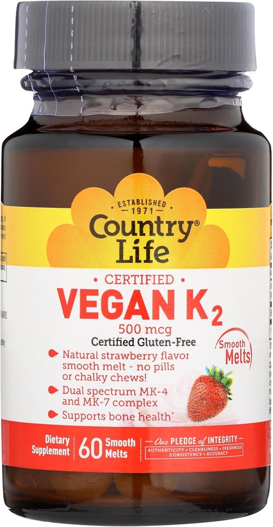 Ülke Life Vegan Vitamin K2, 500 mcg, Dual Spectrum MK-4 ve MK-7 Kompleksi, Kemik ve Diş Sağlığı, 60 Chewable Tabletler, Strawberry Flavor