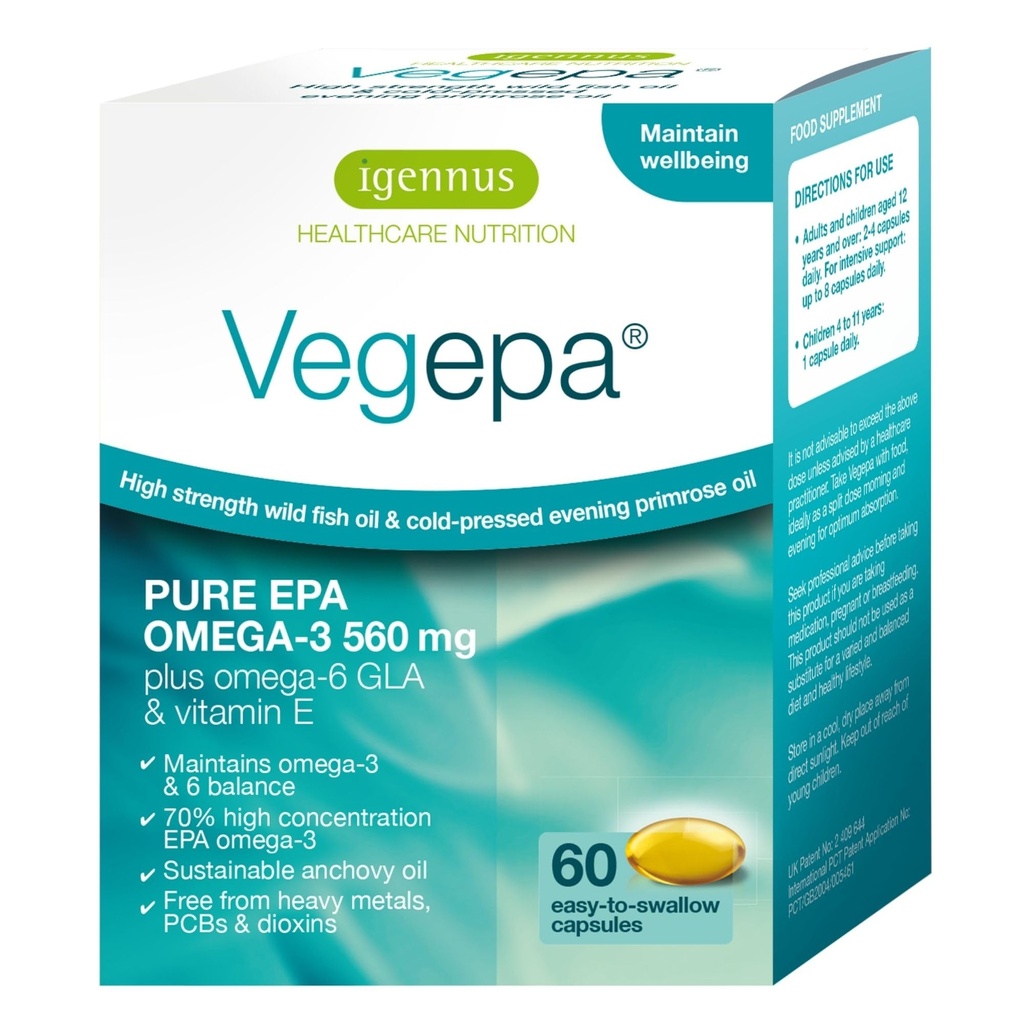 Igennus Vegepa Omega 3 Άγριο ιχθυέλαιο & απογευματινό έλαιο Primrose Blend, 560 mg EPA Plus GLA, 60 μικρά Softgels
