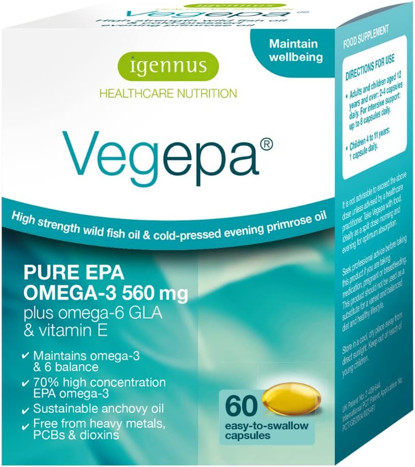 Igennus Vegepa Omega 3 Άγριο ιχθυέλαιο & απογευματινό έλαιο Primrose Blend, 560 mg EPA Plus GLA, 60 μικρά Softgels